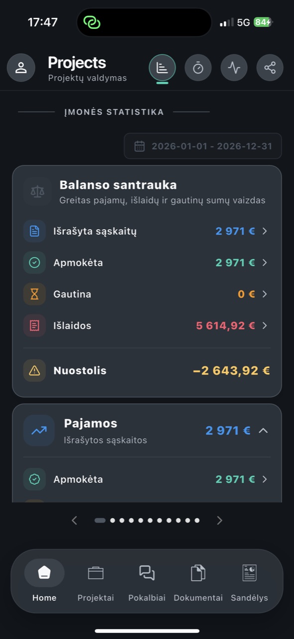 Projekterus statistikos ekranas