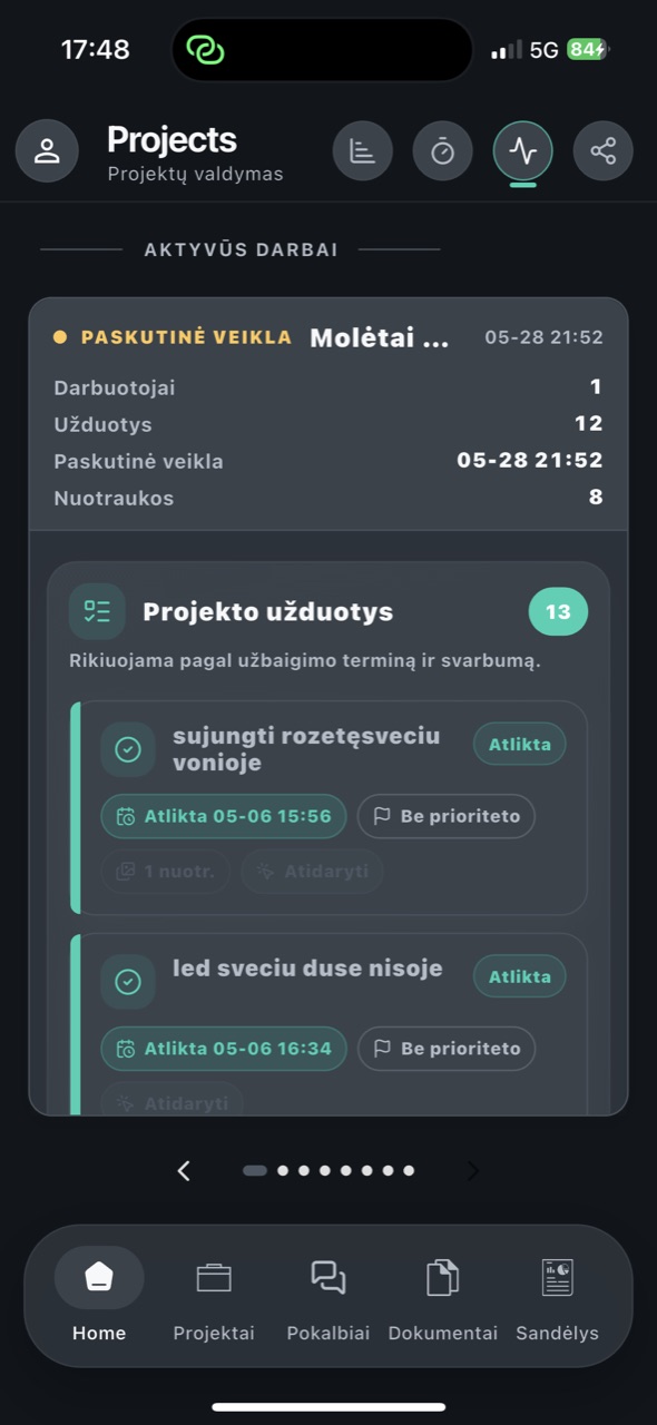 Projekterus užduočių ekranas