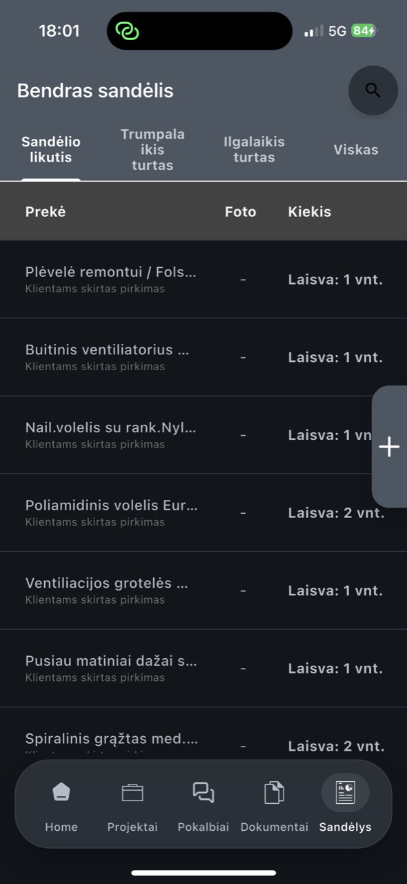Projekterus sandėlio ekranas